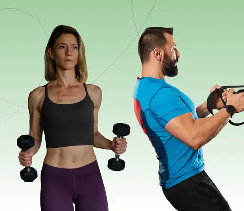 Stronger in September. Book your free gym trial today (terms apply). Woman exercising with dumbbells.