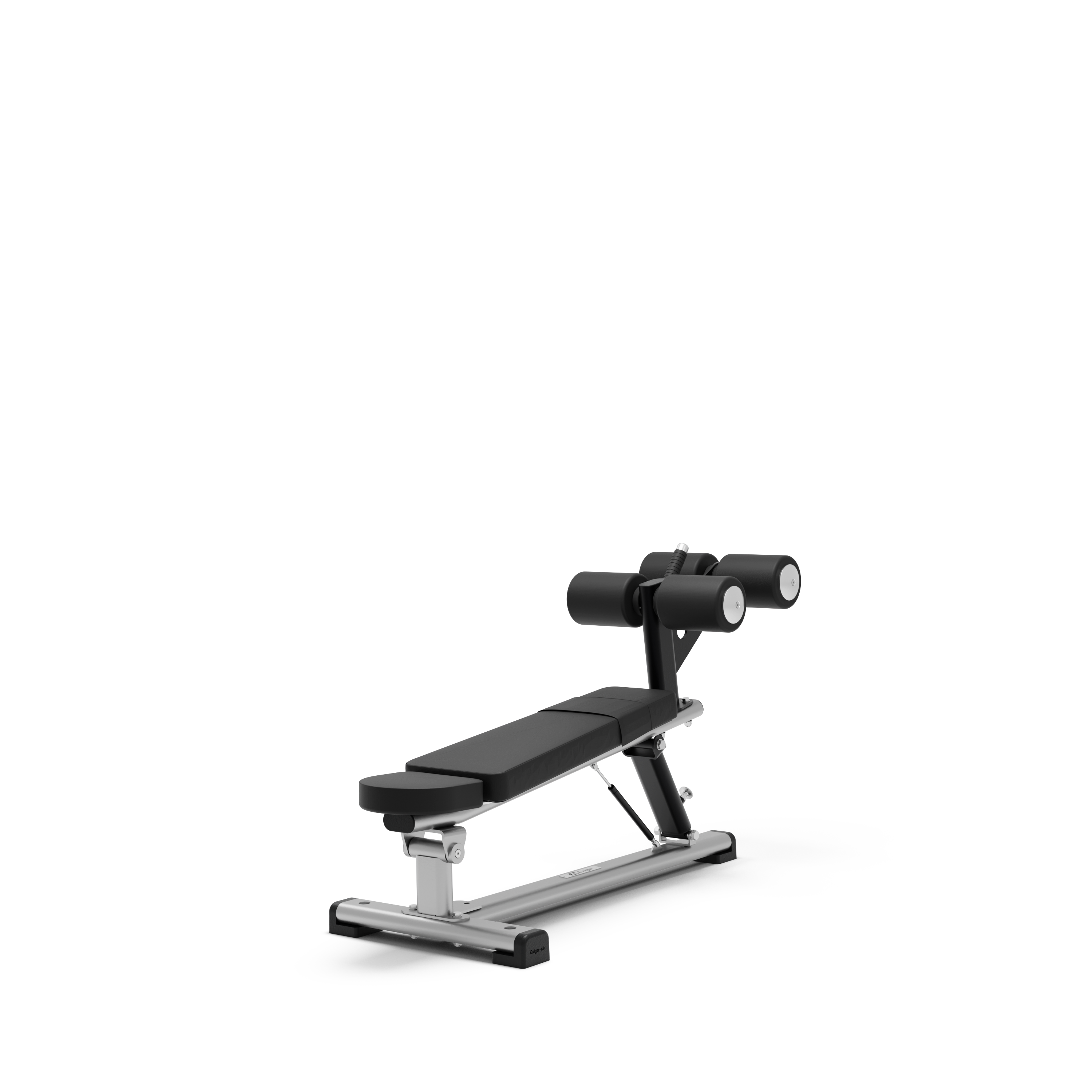 A long foam padded bench with adjustable height. At the raised head is a foam hold for barbells.