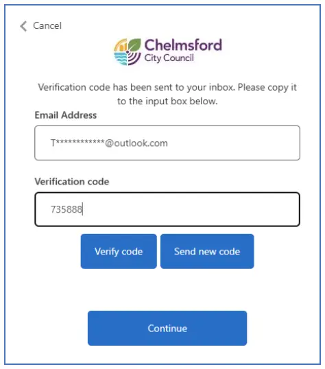 Screenshot of verification screen for online portal