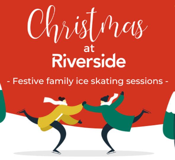 Illustrated ice skaters wrapped up warm for the winter under hanging Christmas lights. Text reads "Christmas at Riverside, festive family ice skating sessions".