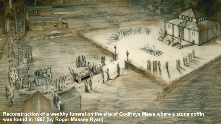 Artists reconstruction of wealthy funeral on site of Godfreys Mews where stone coffin was found in 1987 (Credit Riger Massey Ryan)