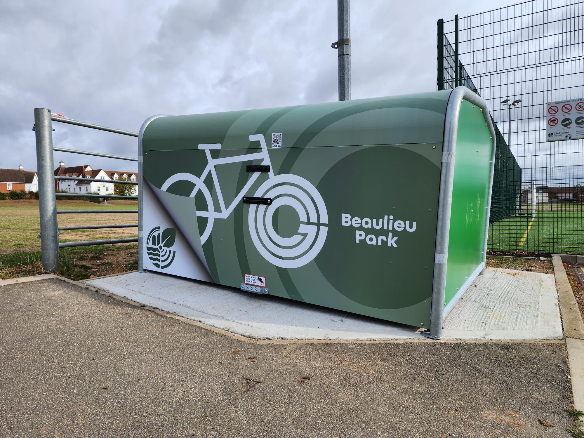 Large green secure metal pod for cycle parking
