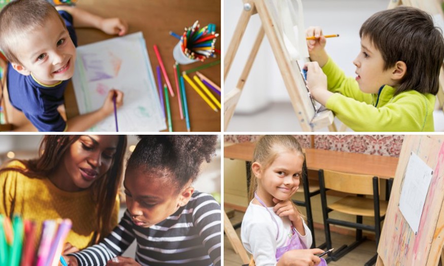 A collage of photos of children painting. 