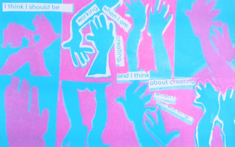 A collage of hands and arms in bright pink and green in a scrapbook style.