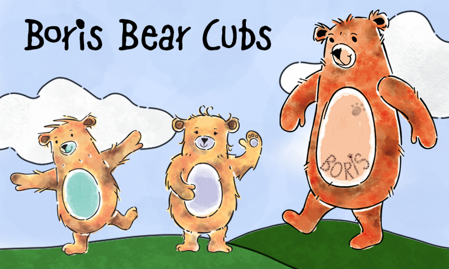 Illustrated father bear with two cubs standing on a green hill.
