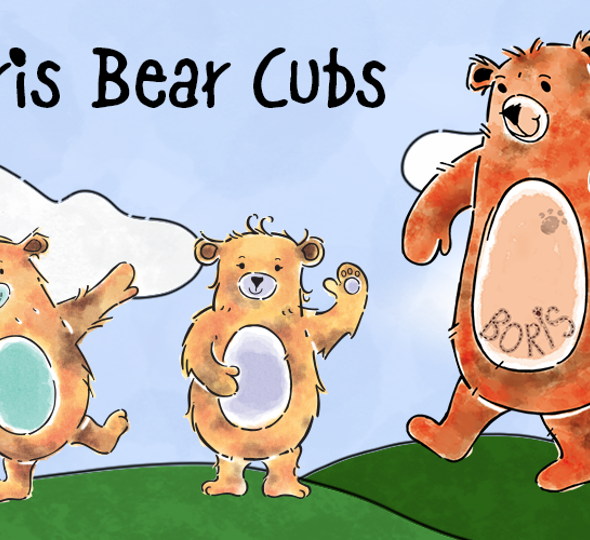 Illustrated father bear with two cubs standing on a green hill.