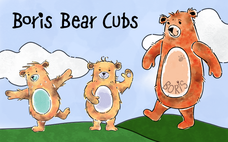 Illustrated father bear with two cubs standing on a green hill.
