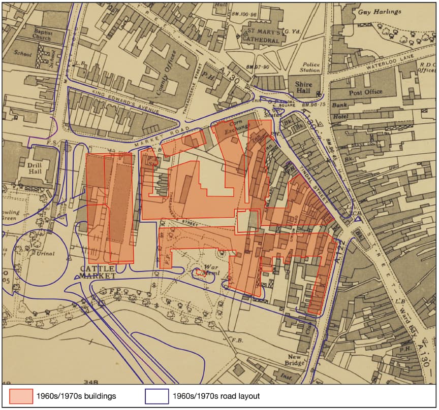 Map from 1974 showing layout of High Chelmer and new roads over the top of existing street pattern
