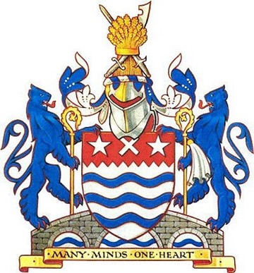 Chelmsford coat of arms, featuring three-arched bridge, as well as motto of 'Many minds one heart'