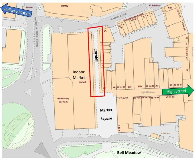 Map of Chelmsford city centre showing location of Cornhill