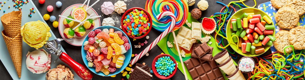 Buffet of sweets, chocolates, ice cream and cookies
