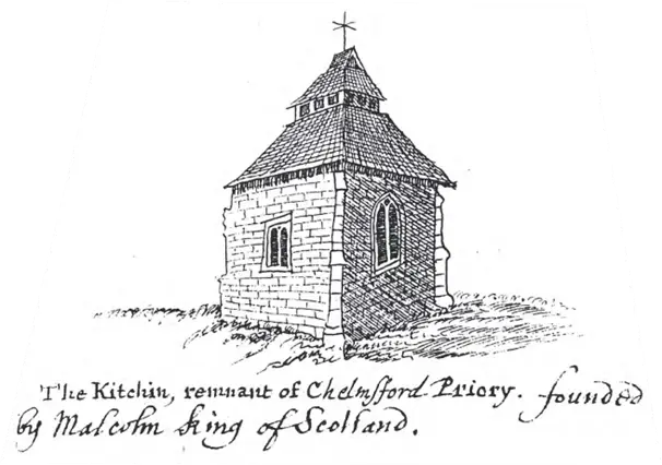 Old illustration showing small stone building