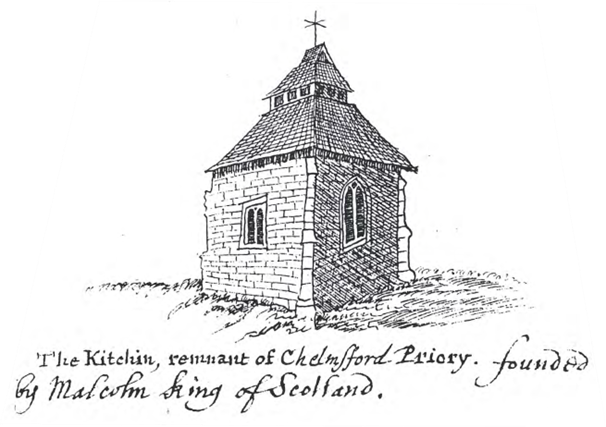 Old illustration showing small stone building