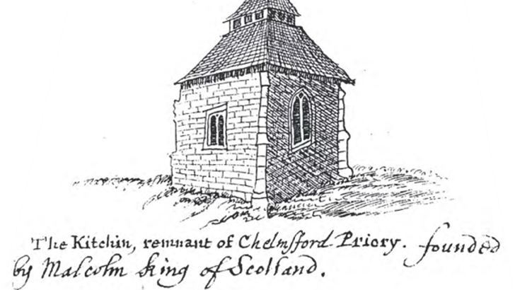 Old illustration showing small stone building