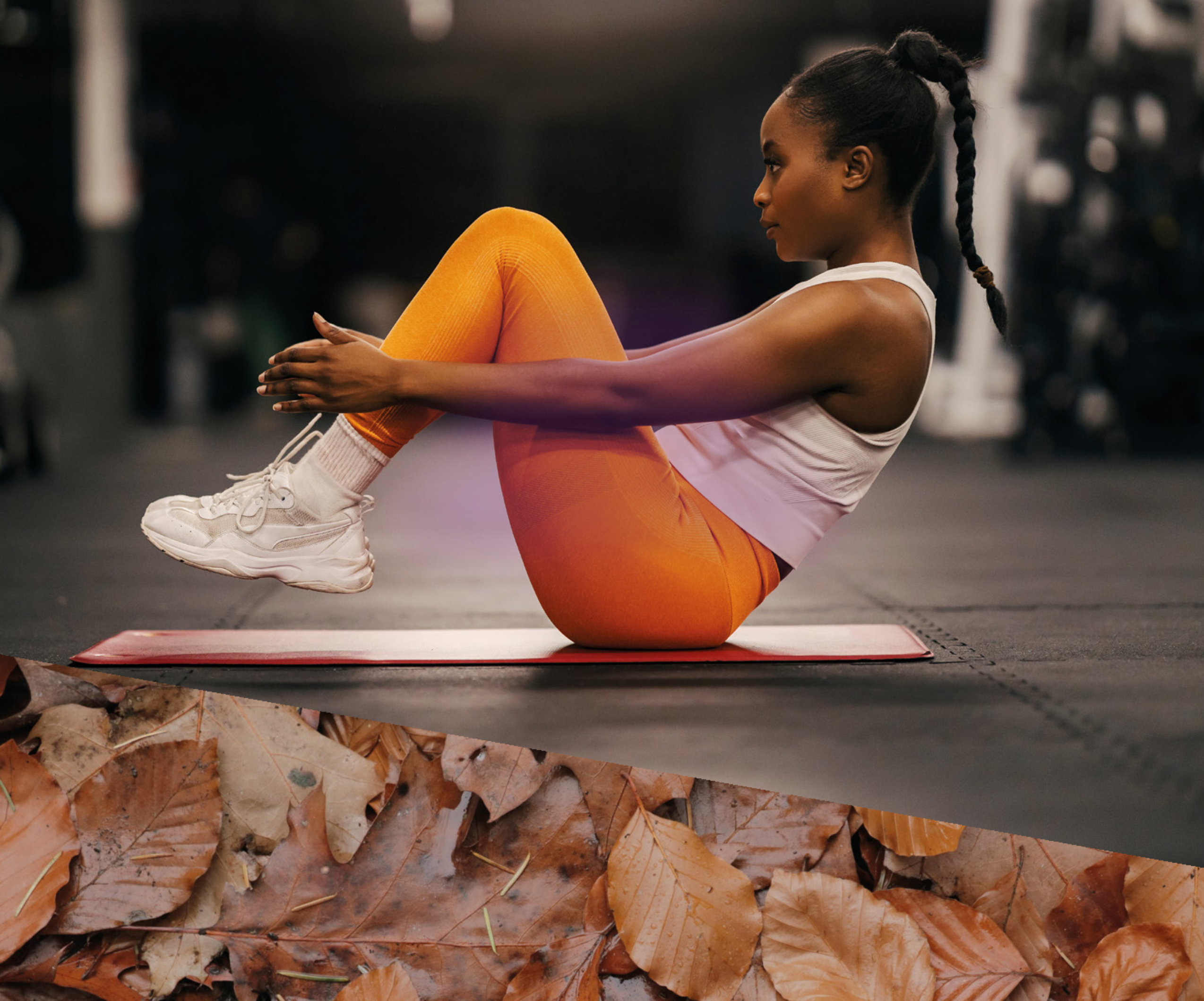 Woman in gym holding a v-sit with aumtum leaves in separate image underneath