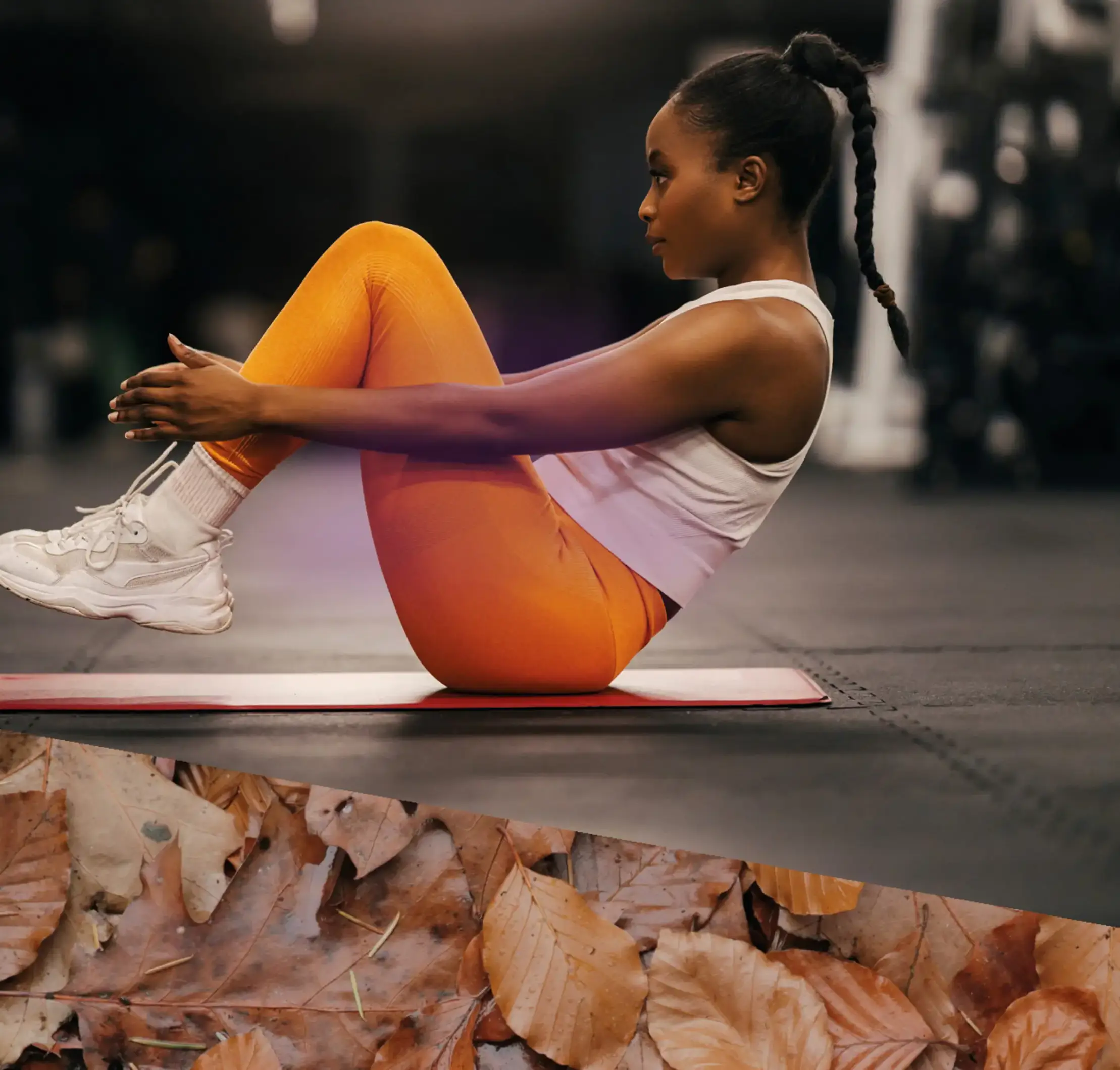 Woman in gym holding a v-sit with autumn leaves in separate image underneath