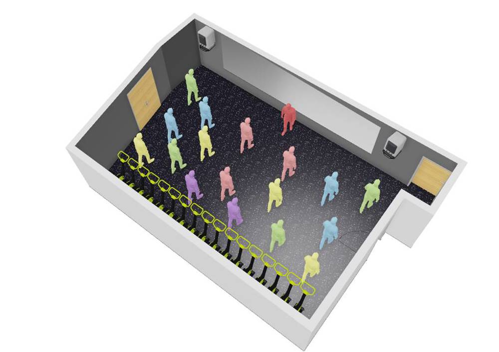 A digitally rendered floor plan of how the new CSAC studio should look once refurbished. This shows a mostly square room with a slightly offset entranceway. Figures fill the room as if mid-class. The front wall holds a long mirror framed by two speakers, another wall holds the double doors of an equipment cupboard, and the back wall is lined with identical exercise class equipment.