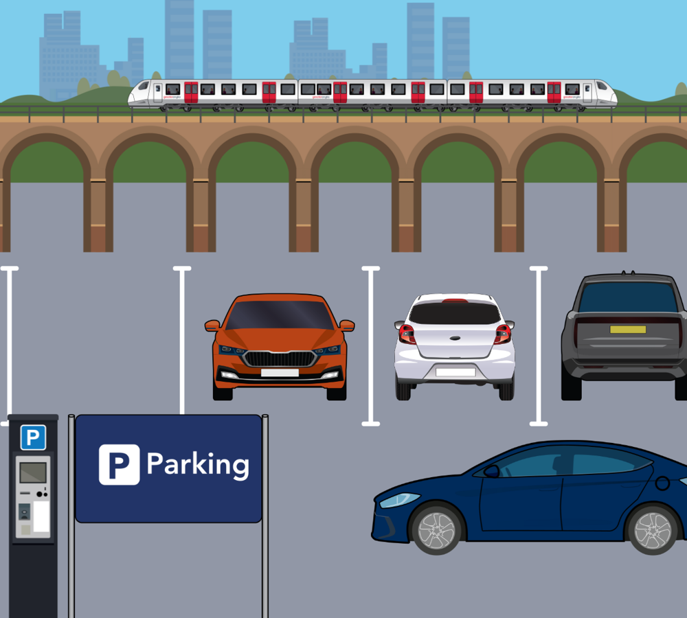 Illustrated car park with railway viaduct and city skyline in background