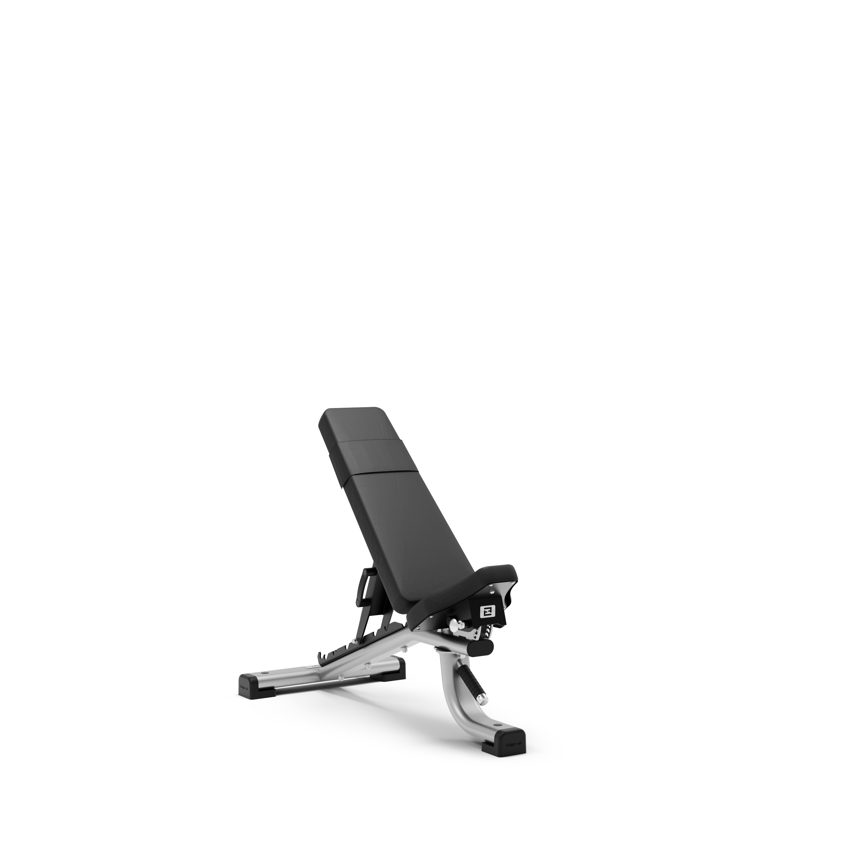 An upright foam padded bench with a separate foam padded seat forming a V. At the base of each side are adjustors for height and incline.