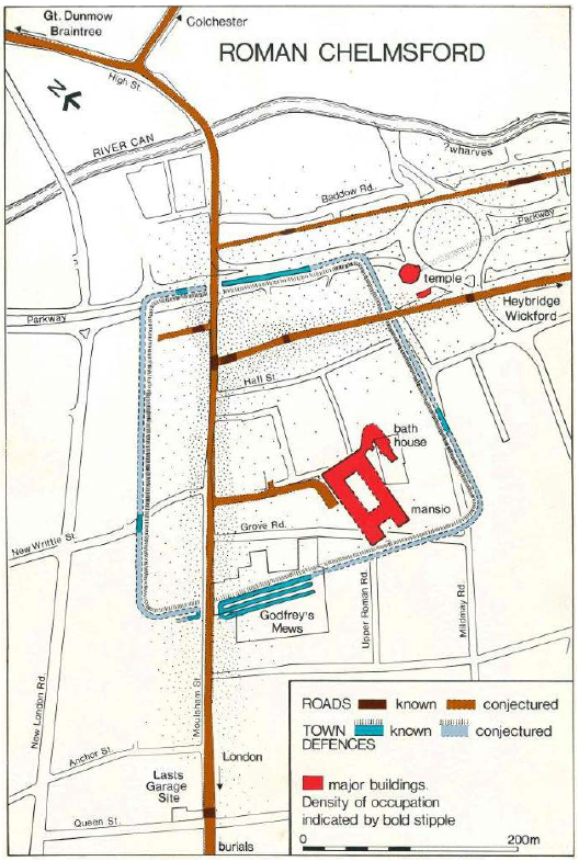 Map showing sites of Roman remains in Chelmsford