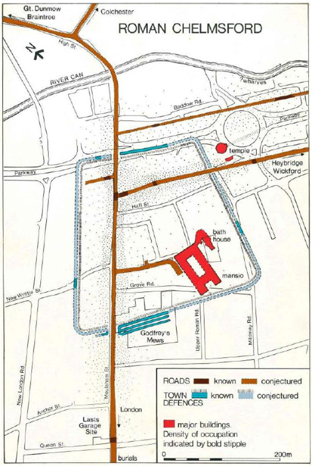 Map showing sites of Roman remains in Chelmsford