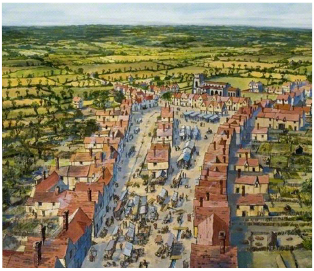 Reconstruction of Chelmsford High Street and Tindal Square in medieval times, by Frank Gardner