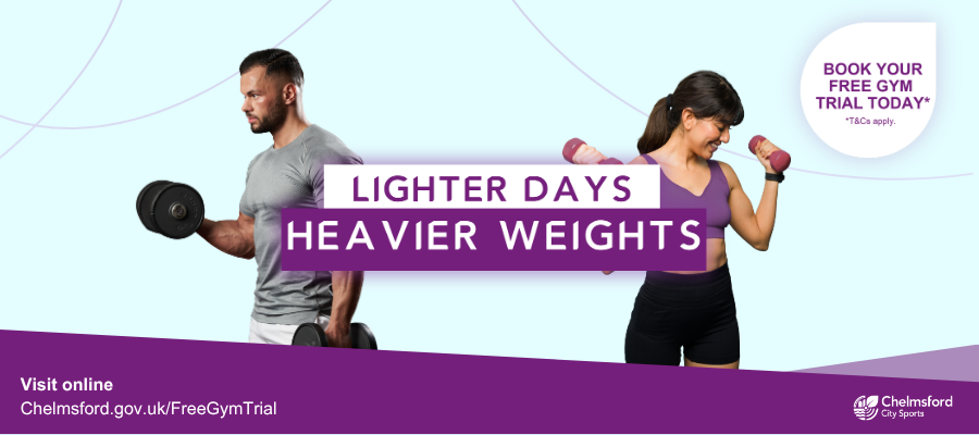 Lighter days, heavier weights. Book your free gym trial today (terms apply). Man and woman both lifting dumbells.