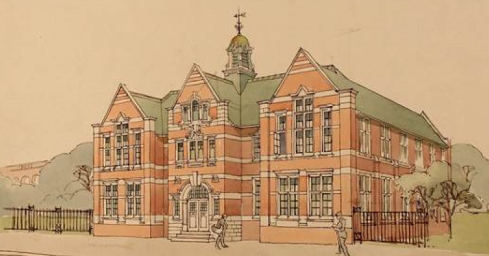 Large red brick building with three separate fronts to it (illustration)