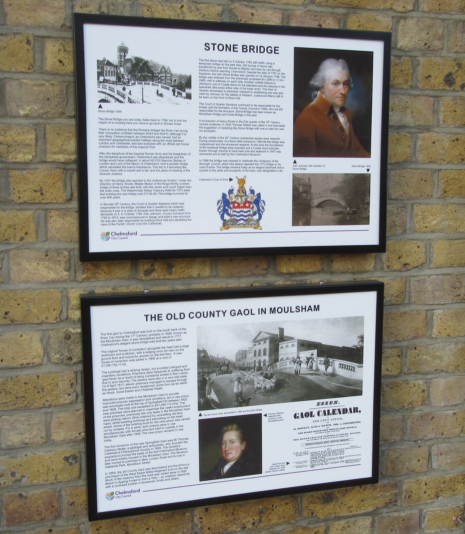 Information boards for Stone Bridge and The Old County Gaol in Moulsham fixed to a brick wall preview