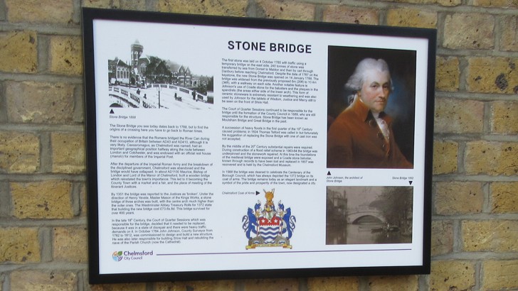 Information boards for Stone Bridge and The Old County Gaol in Moulsham fixed to a brick wall