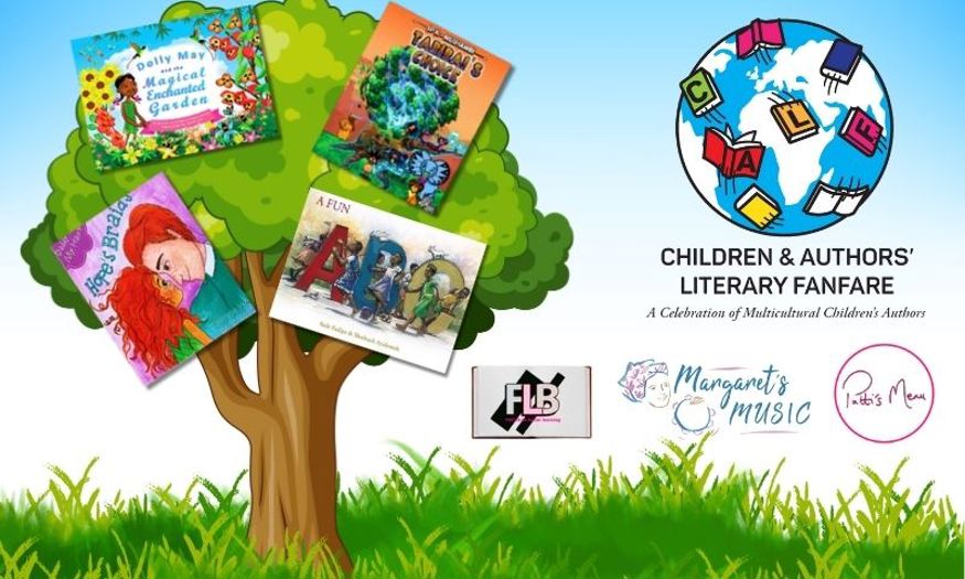 An illustration of a tree with 4 books within the branches. The Children's & Authors' Literary Fanfare, Margaret's Music and Patti's Menu logos are on the right hand side. 