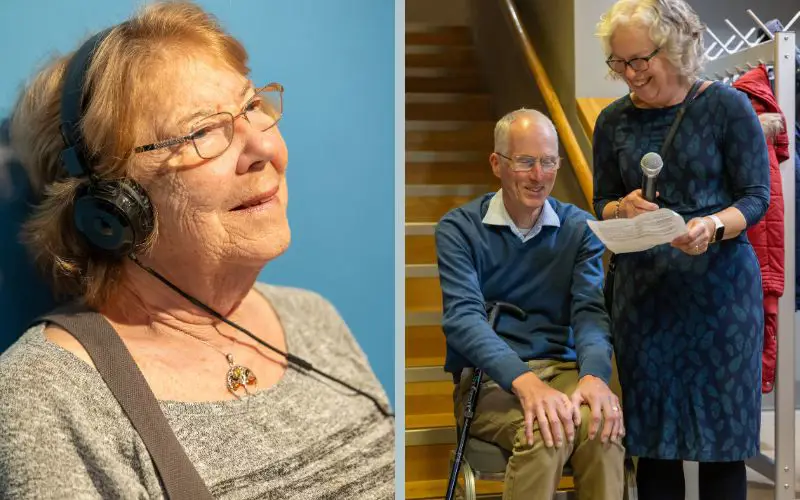 A woman sat with headphones on and two people making a speech.