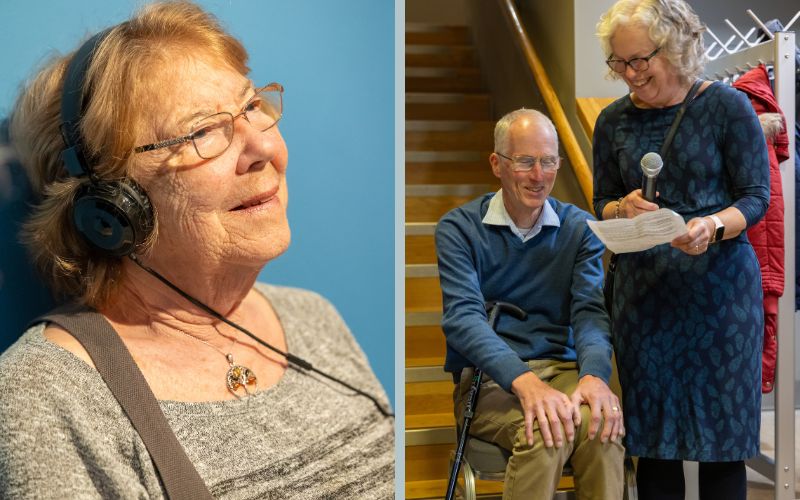 A woman sat with headphones on and two people making a speech.  preview