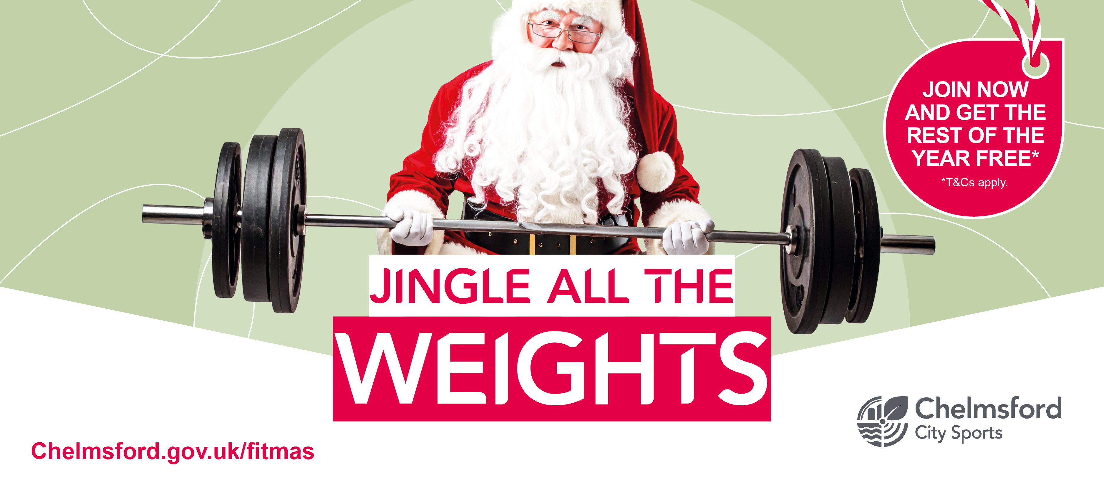 Jingle All The Weights - join now and get the rest of the year free (terms apply). Santa lifting a heavy bar weight