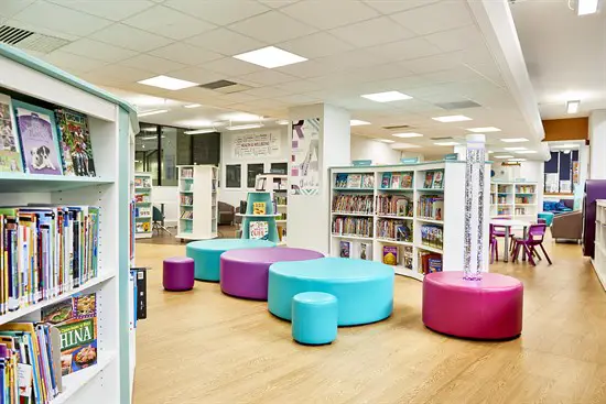 Bookcases and low seating area