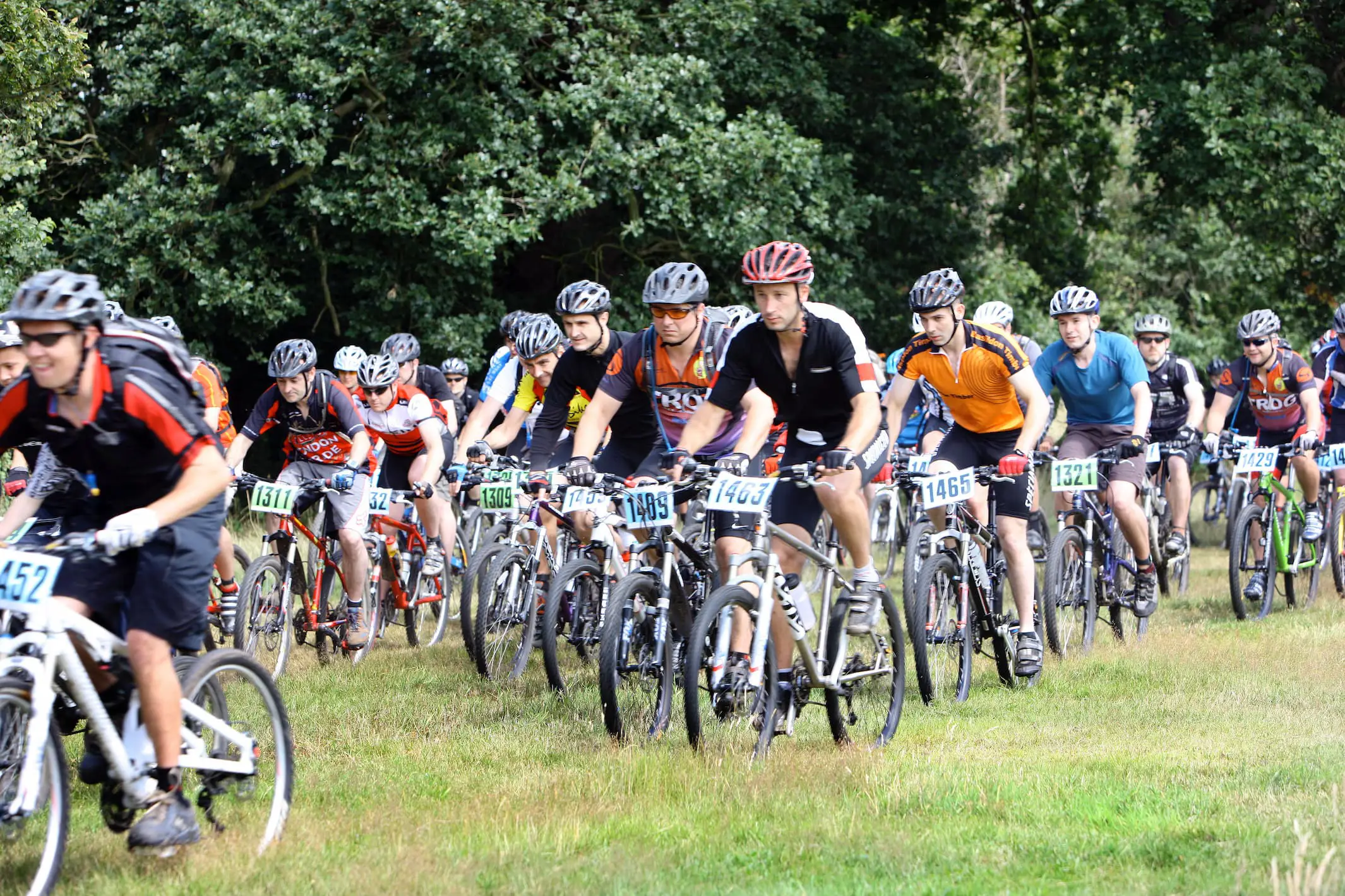 Large group of mountain bikers racing across grassy area