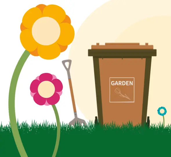 Illustrated brown garden waste bin in a garden with flowers and a large gardening fork