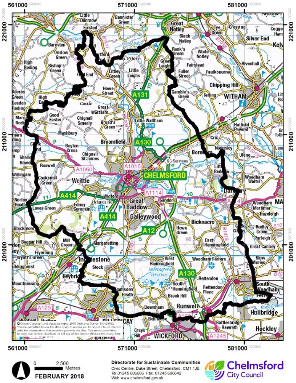 Map showing boundaries of Chelmsford City Council's administrative area