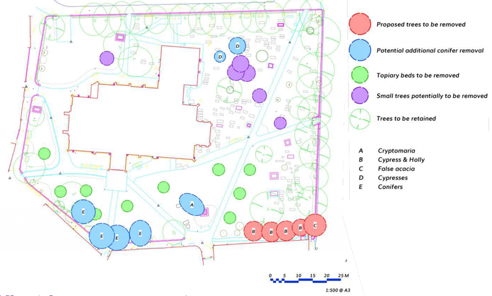 Map showing proposed trees and topiary beds to remove and trees to keep