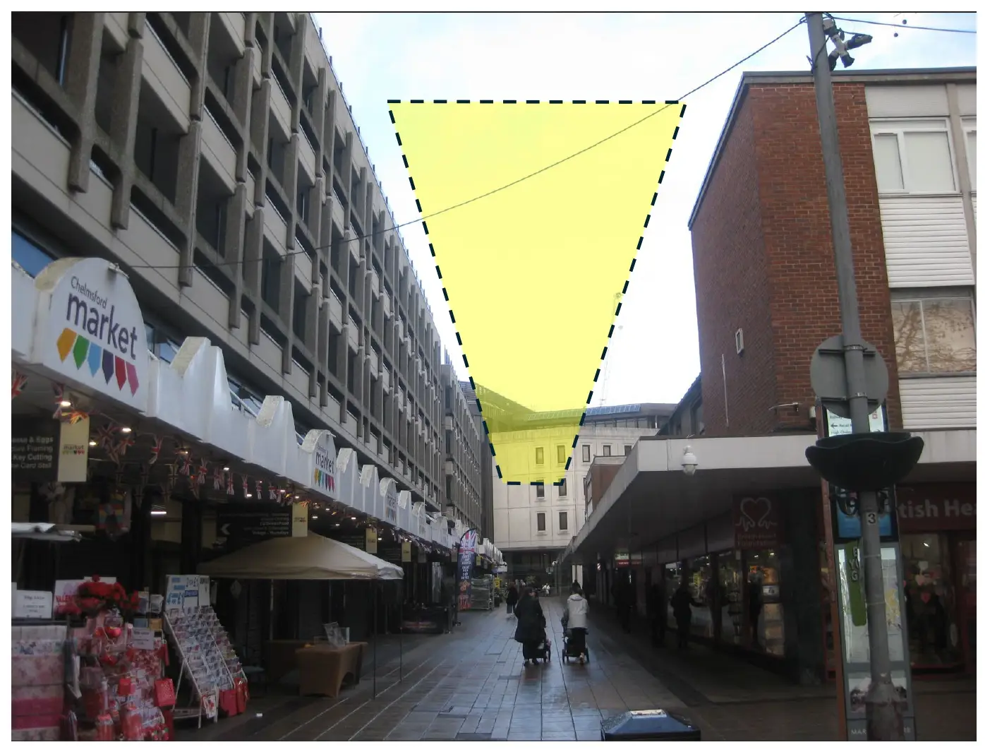 Narrow lane running alongside Chelmsford Market, with area above the street highlighted in yellow