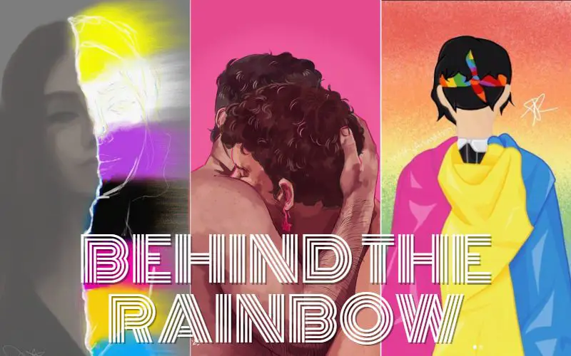 A selection of artwork with the text reading 'Behind the Rainbow'