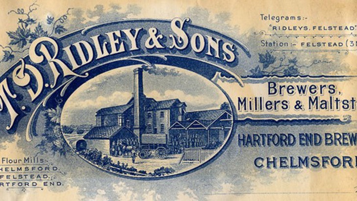 Advert for T. D. Ridley and Sons, Brewers, Millers and Maltsters, Hartford End Brewery. Chelmsford