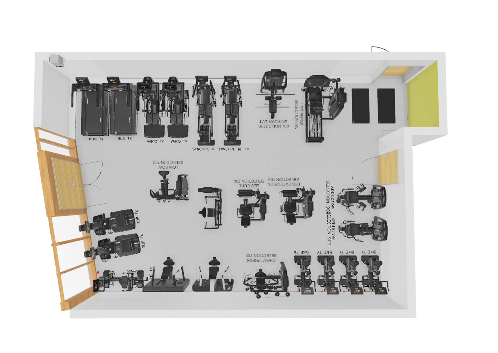 A digitally rendered floor plan of how CSAC's temporary gym setup will look during the gym refurbishment. This is a mostly square room with cardio machines, resistance machines and exercise mats against the walls and some down the centre.