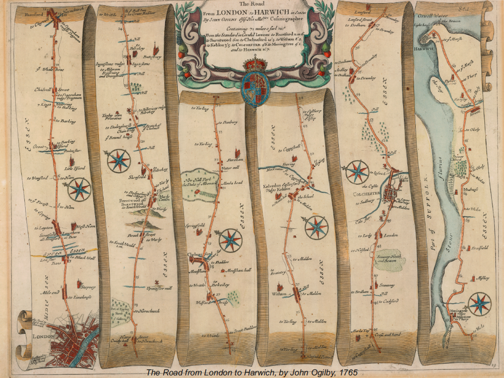 Illustrated map from 1765 showing route from London to Harwich by John Ogilby