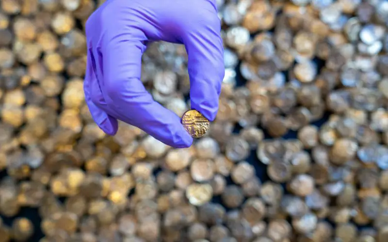 A close up of a hand wearing purple gloves and holding up a gold coin. 
