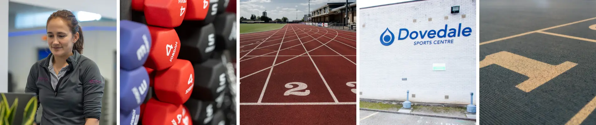 Person in gym, rack of weights, athletics track, Dovedale sports centre and indoor track