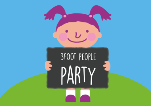 Cartoon girl holding up sign saying '3foot people party'