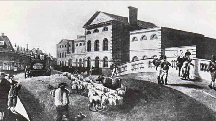 The old County Gaol, demolished in 1859 and the Stone Bridge