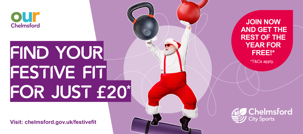Santa wearing santa hat and sunglasses, surfing on a purple yoga mat, lifting a red and black dumbbell in each hand, against a white and purple background. Text reads: find your festive fit for just £20. Join now and get the rest of the year free! Visit chelmsford.gov.uk/festivefit