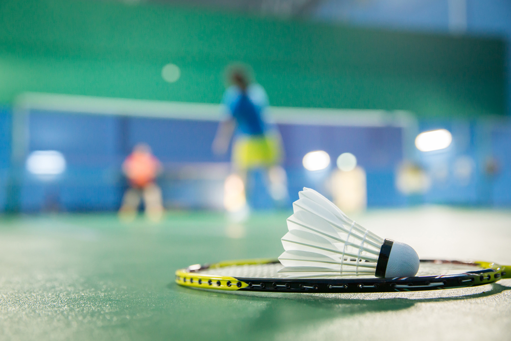 Badminton racket and shuttlecock and people playing badminton in background